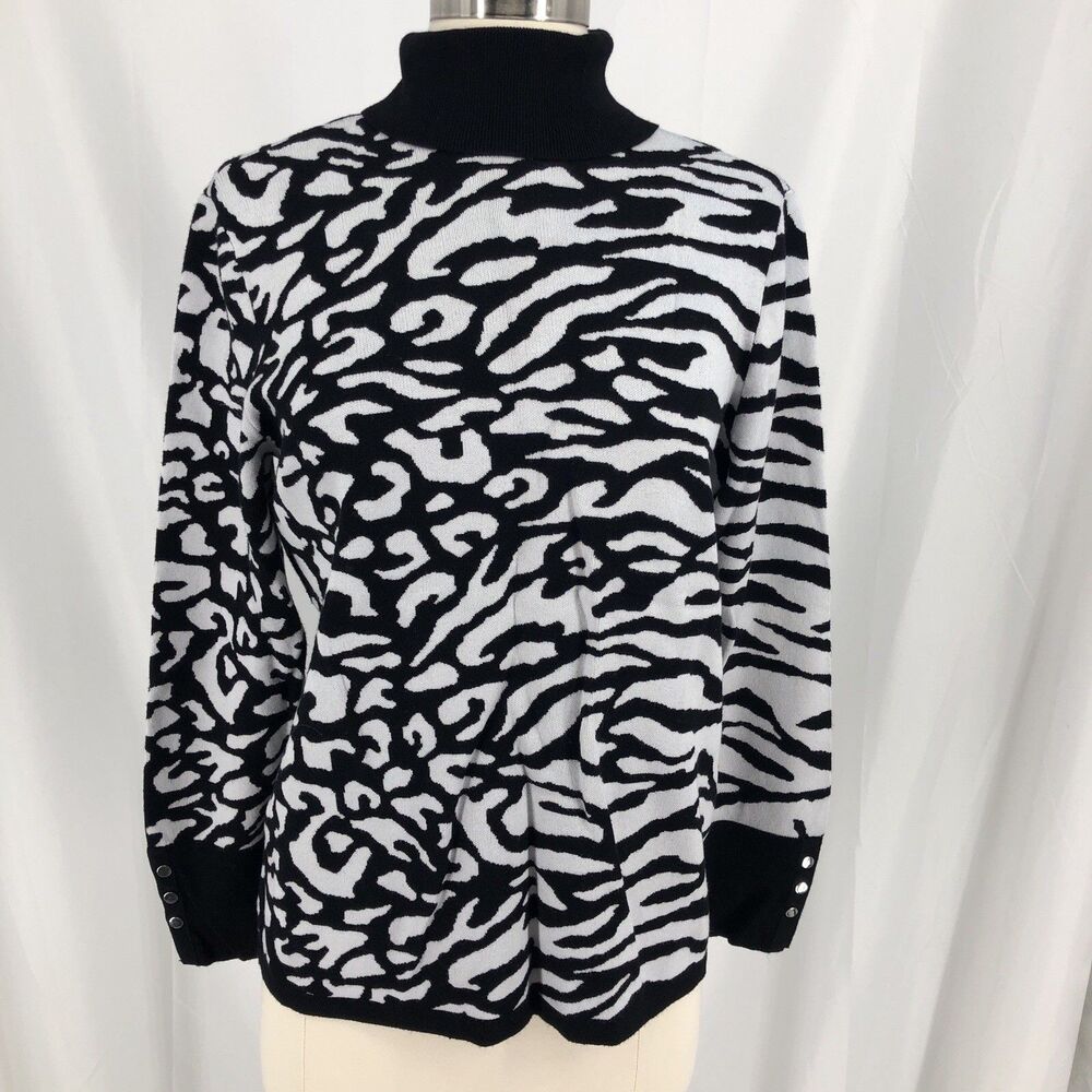 Chico's mixed animal print turtleneck sweater w/ faux snap cuff details size L